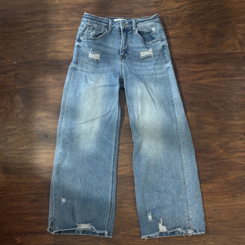 Risen Distressed Blue Jeans Wide Leg